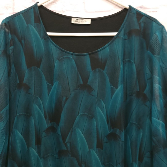 Sese Code Teal Feather Sheer Mesh Tunic Blouse Sz XL Flowy Flutter Boho Mature - Picture 3 of 8